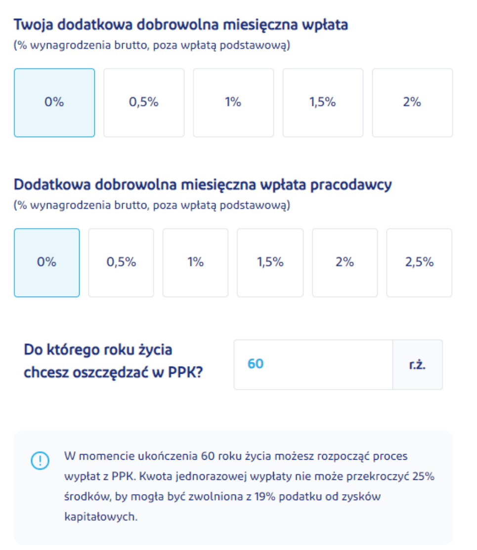 zad. 17 (s. 34) · kalkulator PPK — wpłaty dodatkowe, wiek zakończenia, nota o 25% i podatku