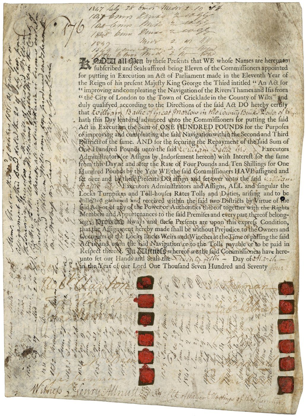 Historyczna obligacja rządowa z 1774 r. (£100, oprocentowanie 4,5%). Obligacja to „pożyczka na papierze" — na dokumencie widnieje wartość nominalna i oprocentowanie (kupon). · źródło: Wikimedia Commons, domena publiczna (CC0)