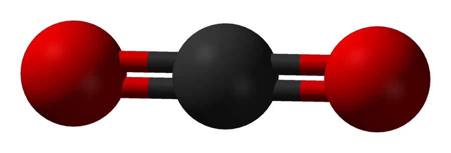 Cząsteczka dwutlenku węgla CO₂ — liniowy związek chemiczny: atom węgla (czarny) między dwoma atomami tlenu (czerwone). · źródło: Benjah-bmm27, Wikimedia Commons, domena publiczna