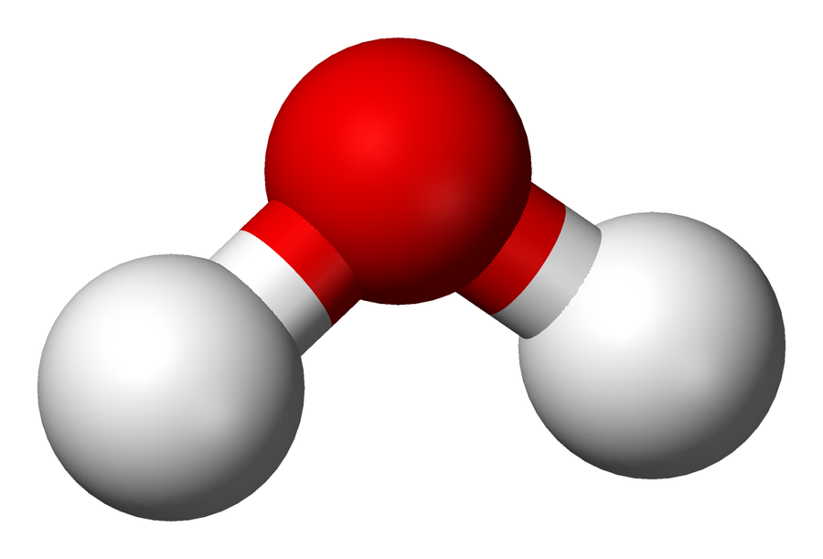 Cząsteczka wody H₂O — przykład związku chemicznego: atom tlenu (czerwony) połączony z dwoma atomami wodoru (białe) pod kątem. · źródło: Benjah-bmm27, Wikimedia Commons, domena publiczna