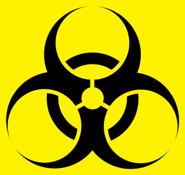 Międzynarodowy symbol zagrożenia biologicznego (biohazard). Oznacza materiały zakaźne — bakterie, wirusy, toksyny — wymagające szczególnych środków ostrożności. · źródło: Wikimedia Commons, CC0