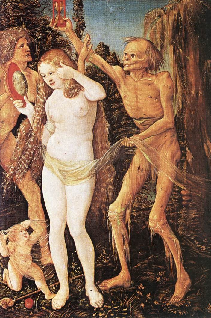 Hans Baldung Grien, Trzy wieki kobiety i śmierć (1510) — alegoria przemijania i kresu życia, tło sporu o eutanazję i godne umieranie · źródło: Hans Baldung Grien, Wikimedia Commons, domena publiczna