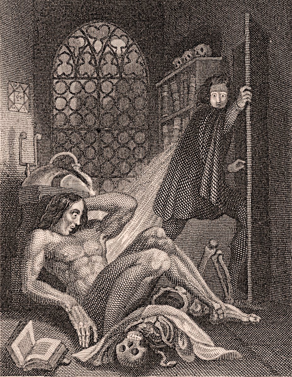Wiktor Frankenstein wobec swojego dzieła — frontyspis wydania (Frankenstein) z 1831 r., alegoria nauki bez granic etycznych · źródło: Theodor von Holst, Wikimedia Commons, domena publiczna