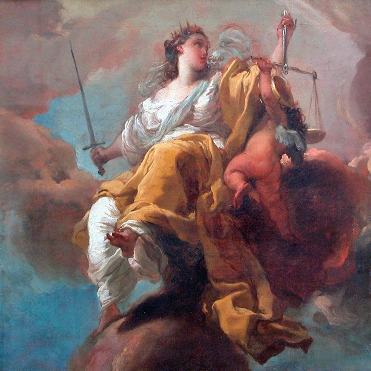 Alegoria Sprawiedliwości z wagą i mieczem — symbol ważenia elementów oceny moralnej · źródło: Gaetano Gandolfi, Wikimedia Commons, domena publiczna