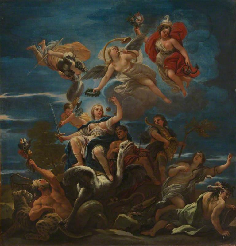 Luca Giordano, „Alegoria sprawiedliwości" (ok. 1680) — postać Sprawiedliwości z wagą i mieczem · źródło: Luca Giordano, Wikimedia Commons, domena publiczna