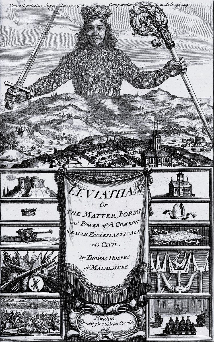 Frontyspis „Lewiatana” Hobbesa (1651) — władza zbiorowa złożona z jednostek, obraz państwa i porządku prawnego · źródło: Abraham Bosse, Wikimedia Commons, CC0