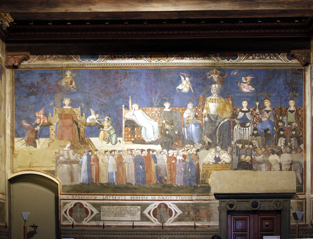 Fresk „Alegoria dobrego rządu” w Palazzo Pubblico w Sienie — obrazowe ujęcie dobra wspólnego i cnót rządzenia · źródło: Ambrogio Lorenzetti (fot. José Luiz Bernardes Ribeiro), Wikimedia Commons, CC BY-SA 4.0
