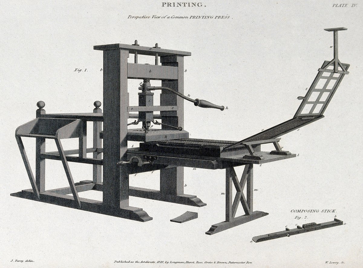Prasa drukarska (rycina z 1819 r.) — narodziny mediów masowych i wolności prasy · źródło: Wilson Lowry wg Johna Fareya, Wikimedia Commons, domena publiczna