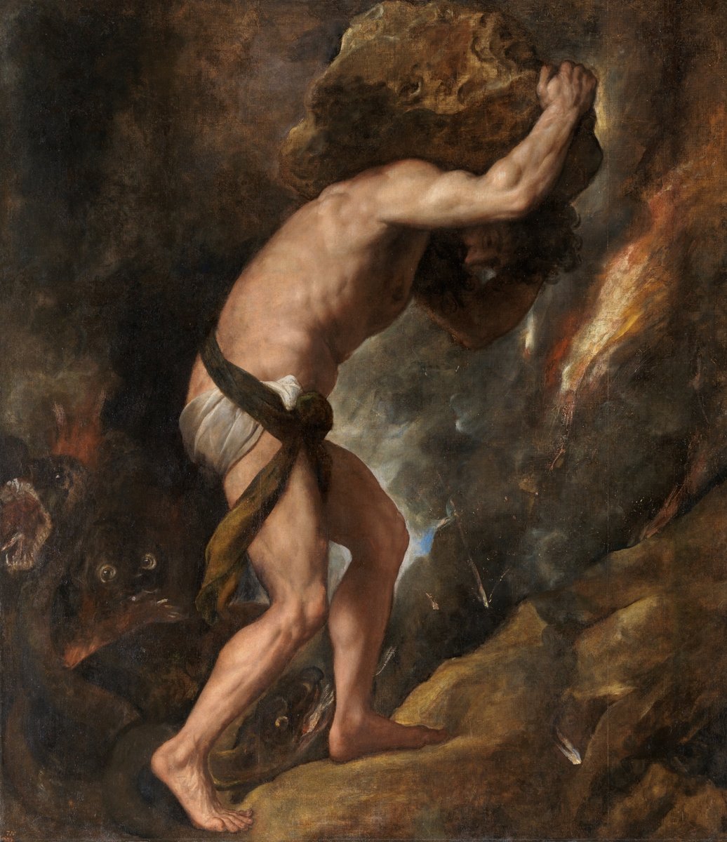 „Syzyf" Tycjana — mit, w którym Camus widział obraz absurdu i buntu („Trzeba wyobrażać sobie Syzyfa szczęśliwym") · źródło: Tycjan, Wikimedia Commons, domena publiczna