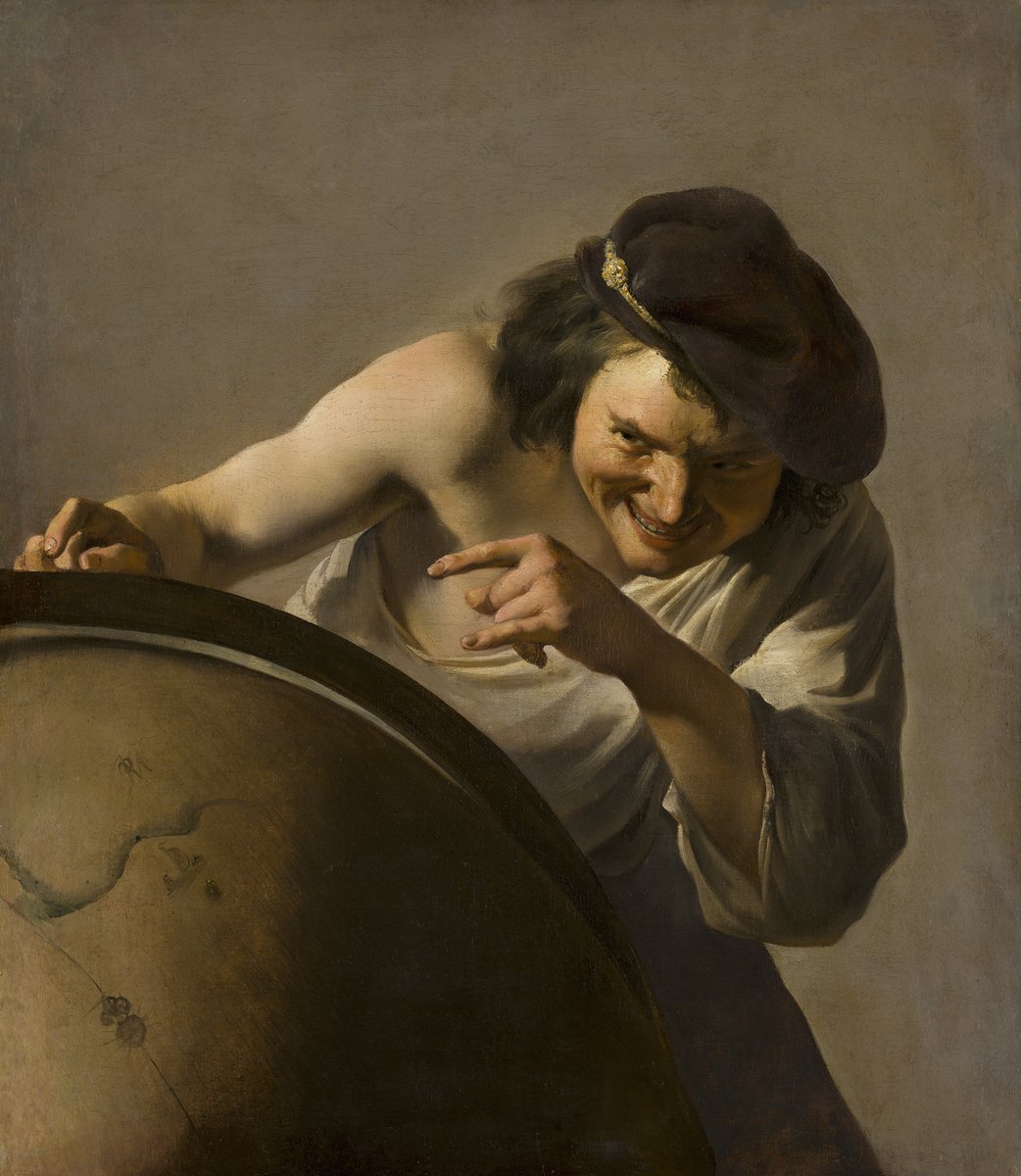 Demokryt z Abdery, twórca atomizmu (atomy i próżnia) zwany „śmiejącym się filozofem” — obraz Johannesa Moreelsego, ok. 1630 r. · źródło: Johannes Moreelse, Wikimedia Commons, domena publiczna