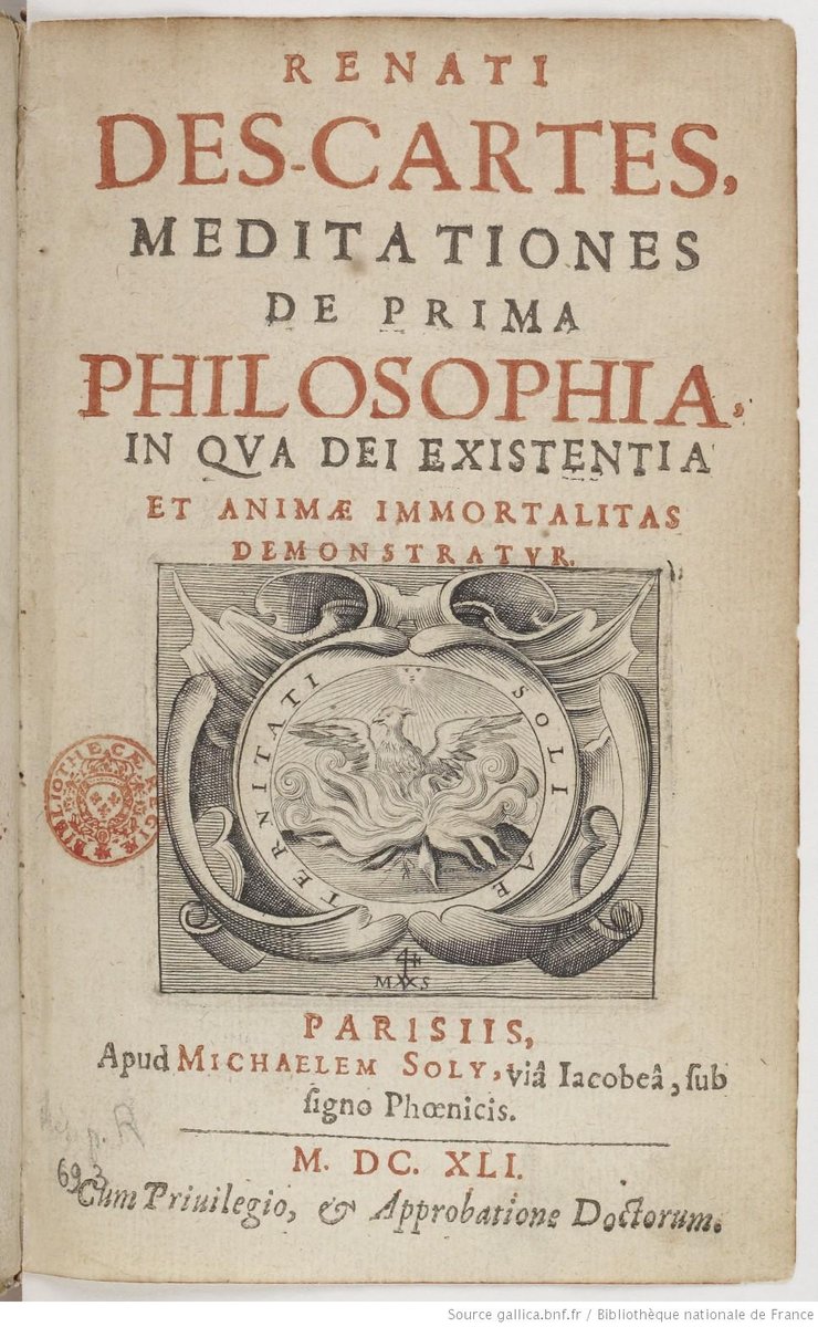 Karta tytułowa pierwszego wydania łacińskiego „Medytacji o pierwszej filozofii” (Meditationes de prima philosophia, 1641) Kartezjusza · źródło: René Descartes / BnF, Wikimedia Commons, domena publiczna