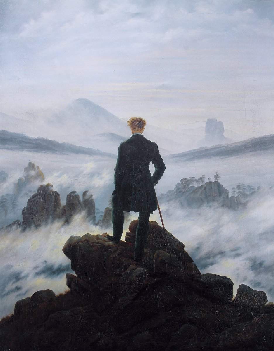 „Wędrowiec nad morzem mgły” Caspara Davida Friedricha — obraz oddający kantowskie doświadczenie wzniosłości wobec bezmiaru natury · źródło: Caspar David Friedrich, Wikimedia Commons, domena publiczna