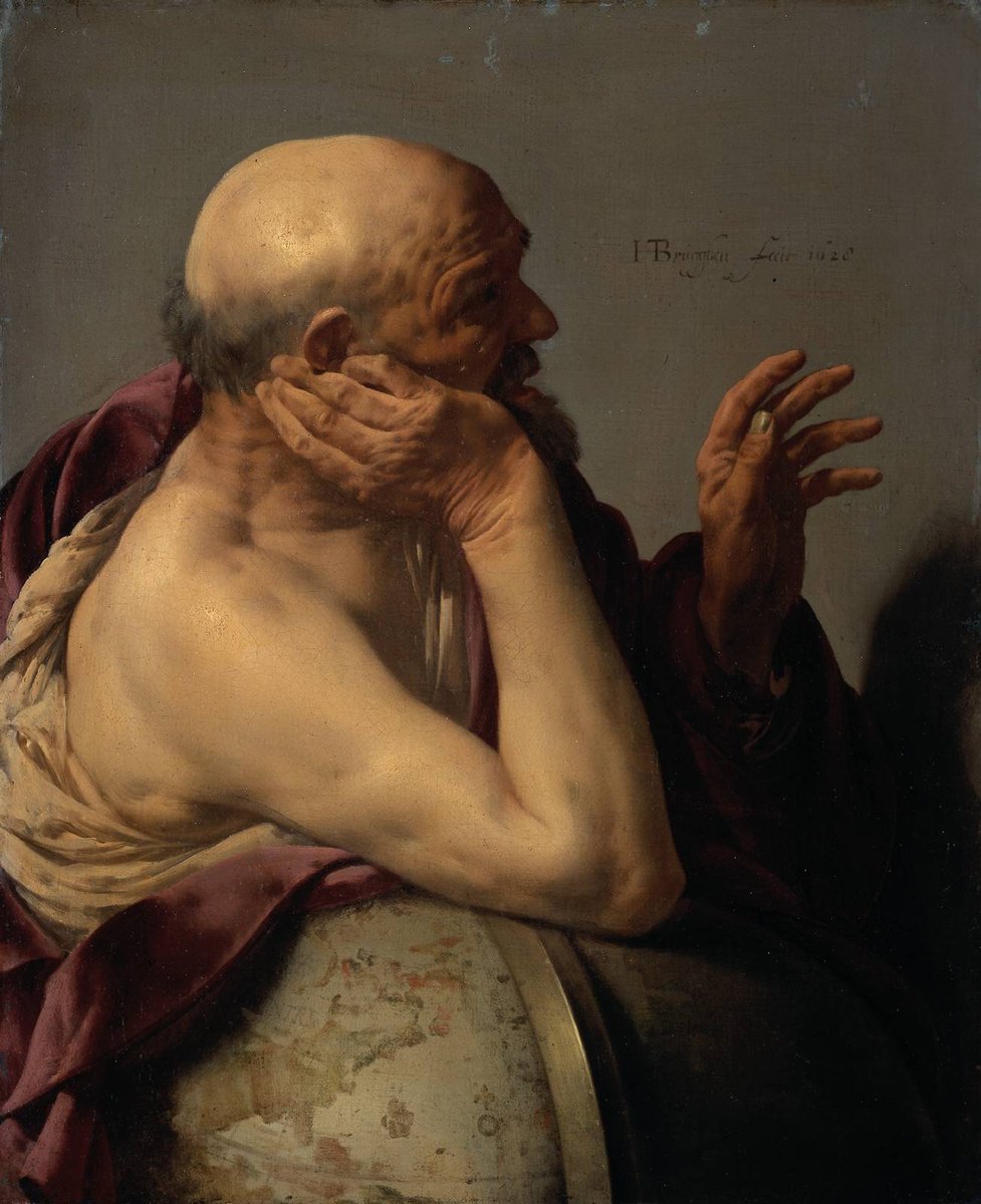 Heraklit z Efezu, filozof powszechnej zmienności (tradycyjna formuła: panta rhei), oparty o globus — obraz Hendricka ter Brugghena z 1628 r. · źródło: Hendrick ter Brugghen, Wikimedia Commons, domena publiczna
