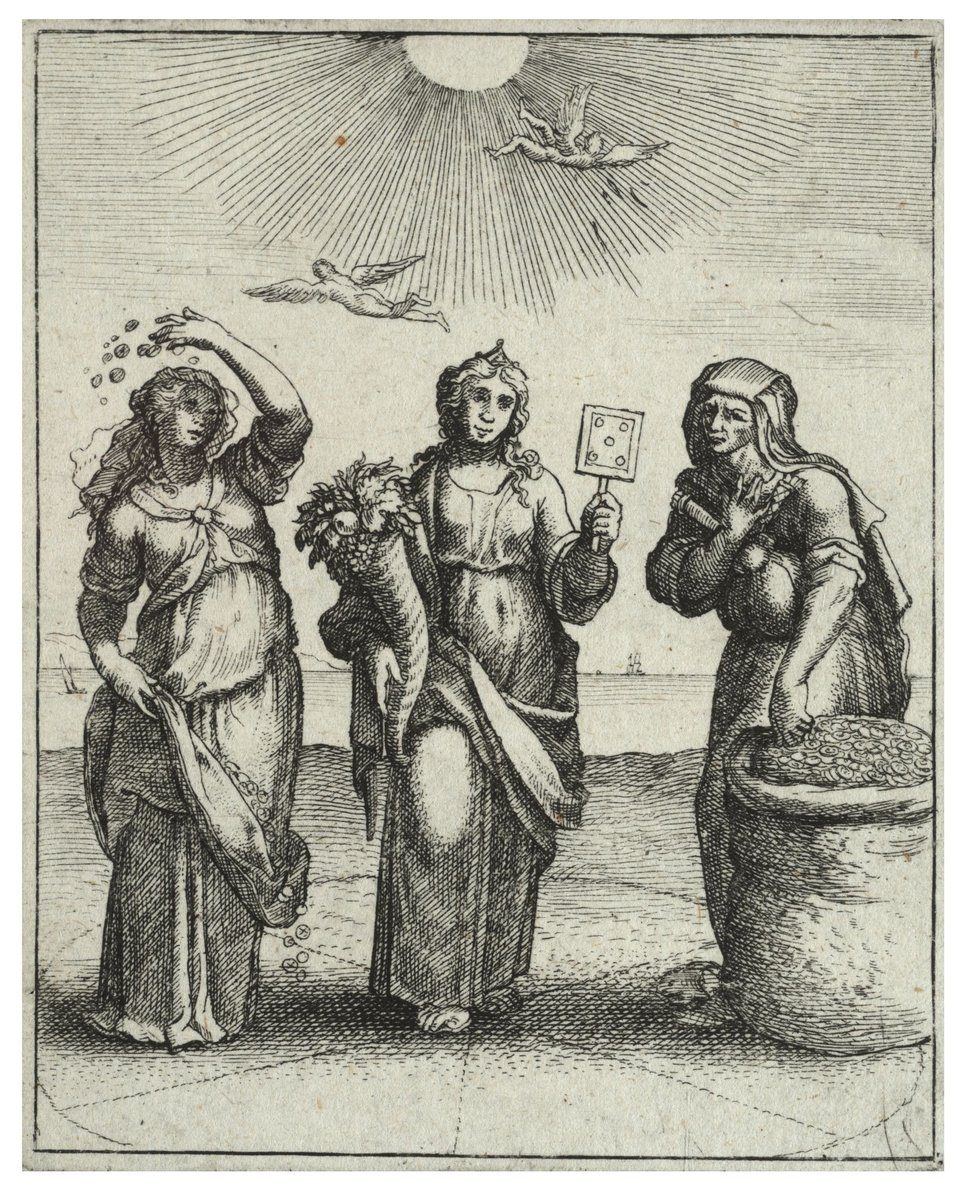 Alegoria złotego środka Wenceslasa Hollara — umiar między rozrzutnością a skąpstwem · źródło: Wenceslaus Hollar, Wikimedia Commons, domena publiczna