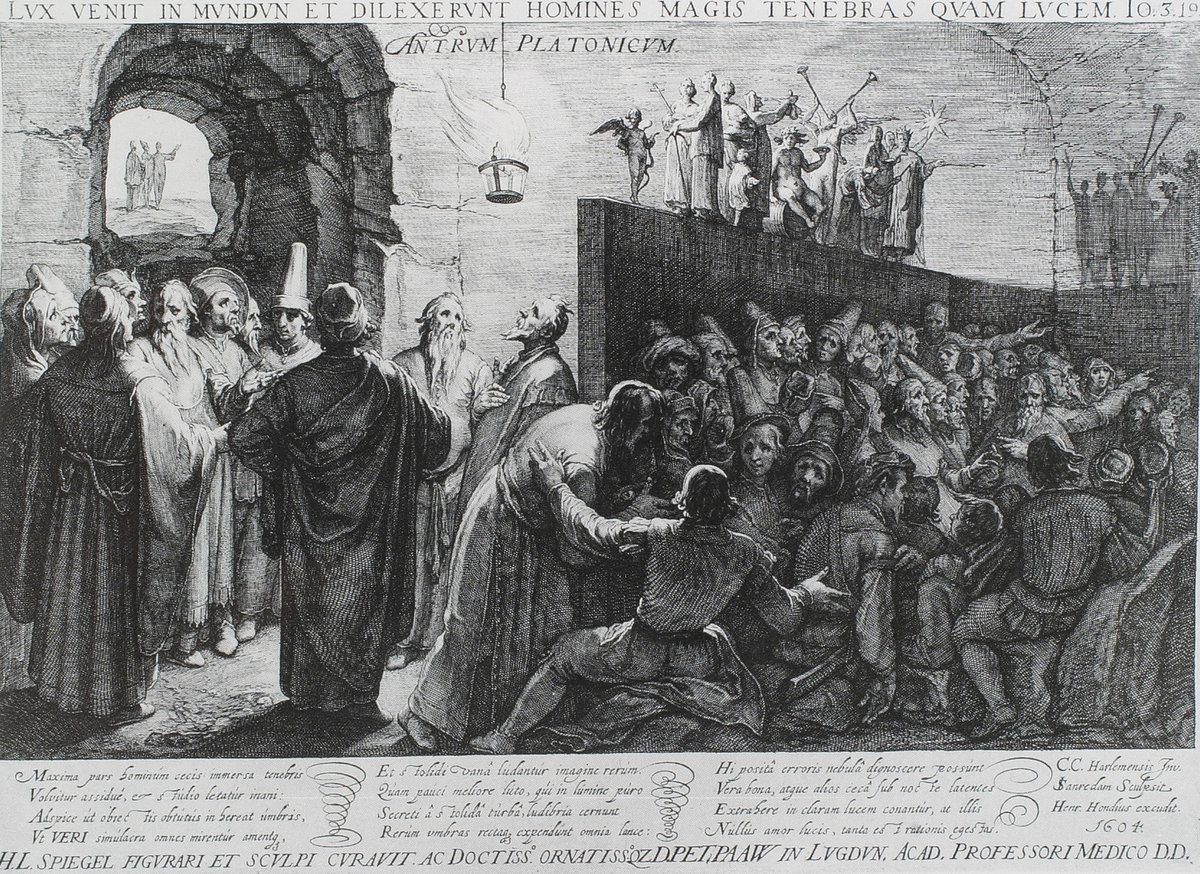Miedzioryt Jana Saenredama wg Cornelisa van Haarlem (1604) ukazujący platońską alegorię jaskini · źródło: Jan Saenredam, Wikimedia Commons, domena publiczna