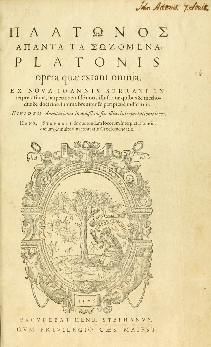 Karta tytułowa wydania dzieł Platona Henriego Estienne’a (Stephanus, 1578) · źródło: Henri Estienne, Wikimedia Commons, domena publiczna