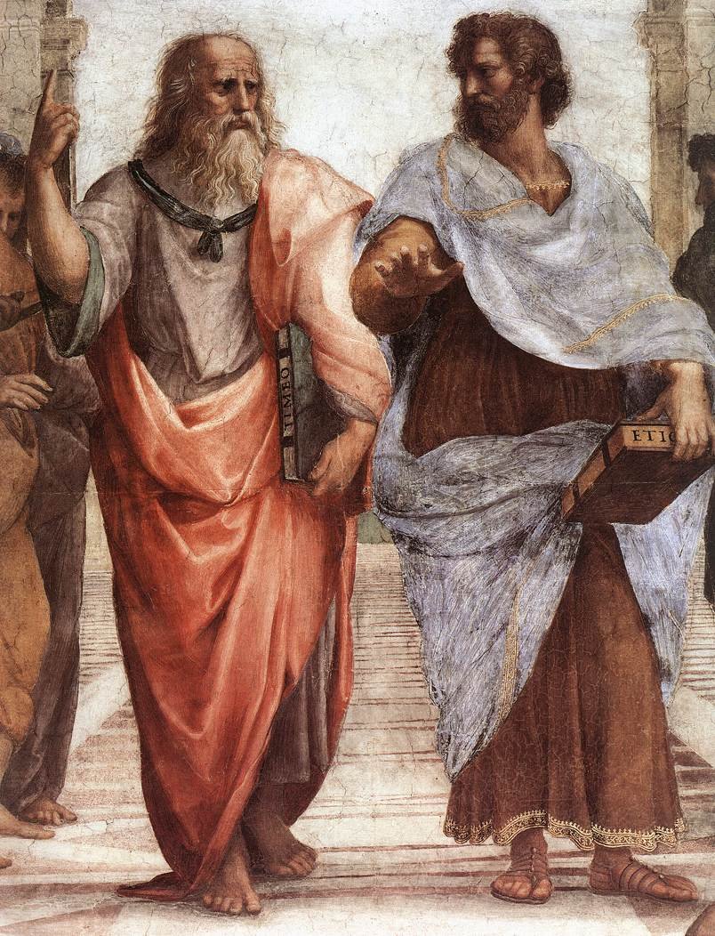 Platon (wskazujący niebo) i Arystoteles — fragment fresku Rafaela „Szkoła ateńska” (1509) · źródło: Rafael, Wikimedia Commons, domena publiczna