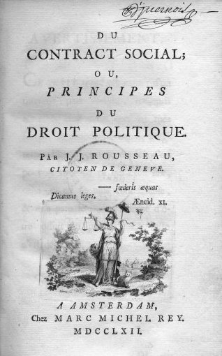 Karta tytułowa pierwszego wydania „Umowy społecznej” Jeana-Jacques’a Rousseau (1762) · źródło: Charles-Ange Boily, Wikimedia Commons, domena publiczna