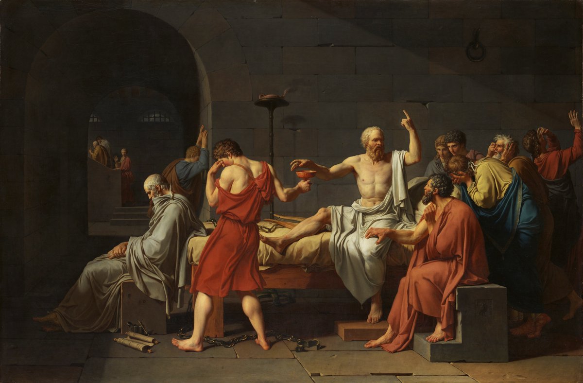 Jacques-Louis David, „Śmierć Sokratesa" (1787) — Sokrates sięgający po kielich z cykutą w otoczeniu uczniów · źródło: Jacques-Louis David, Wikimedia Commons, domena publiczna