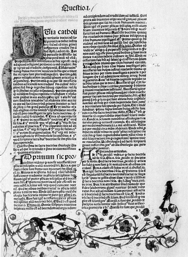 Karta wczesnodrukowanego wydania „Summy teologicznej" Tomasza z Akwinu (Wenecja 1482, druk Antonius de Strata) · źródło: Antonius de Strata de Cremona, Wikimedia Commons, domena publiczna