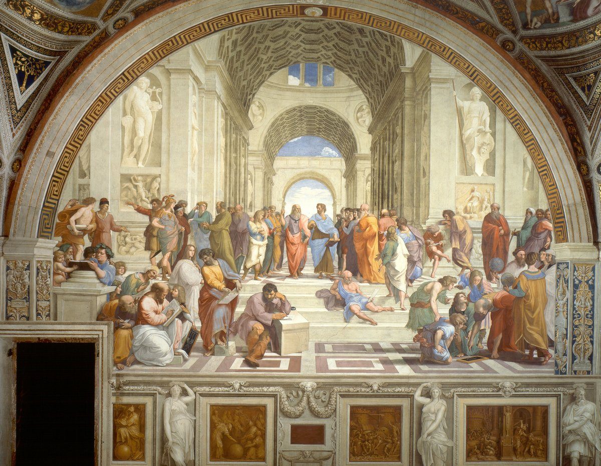 Rafael, „Szkoła ateńska" (1509–1511) — fresk z Platonem, Arystotelesem i innymi filozofami starożytności jako alegoria filozofii · źródło: Rafael, Wikimedia Commons, domena publiczna