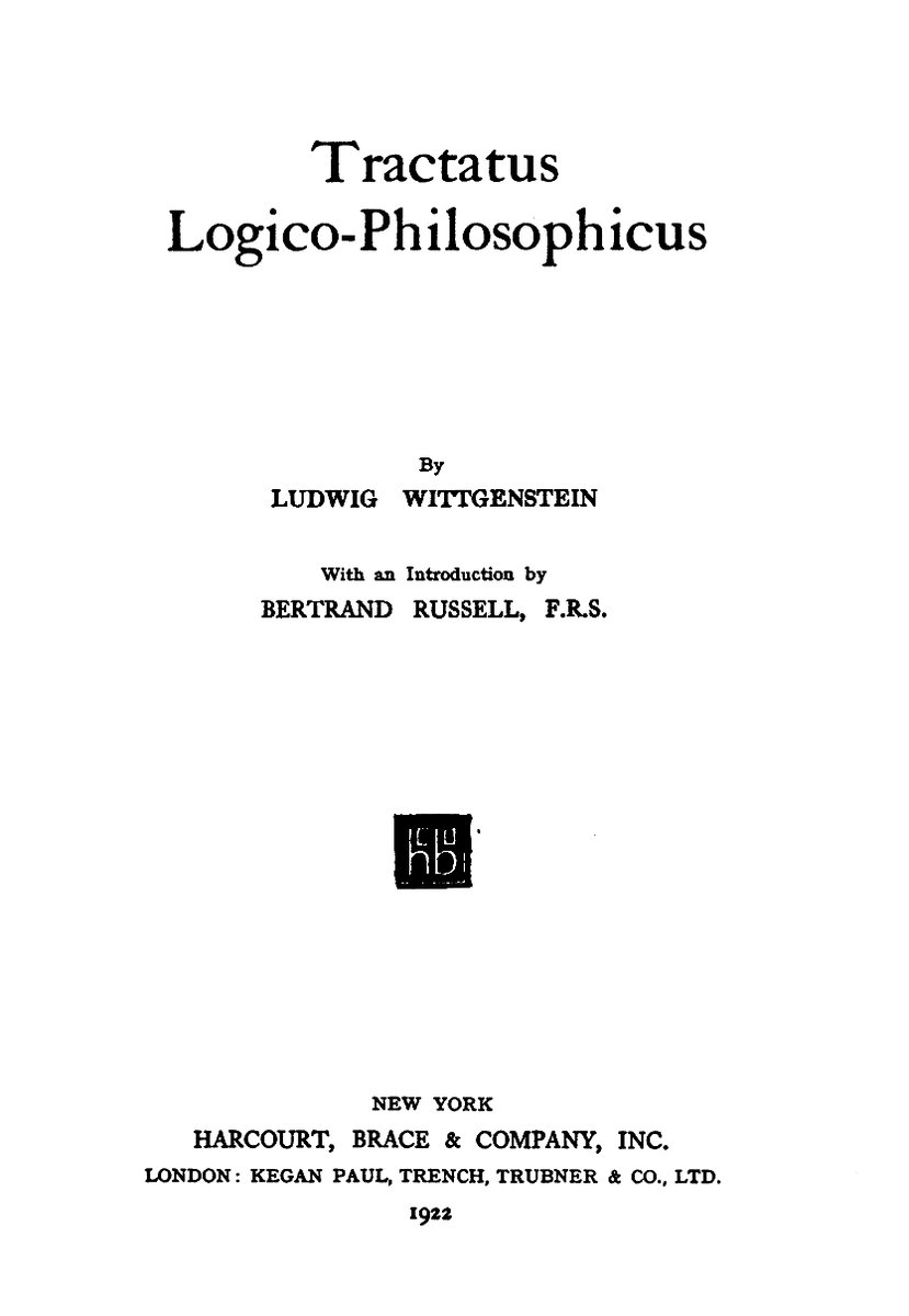 Strona tytułowa pierwszego angielskiego wydania „Tractatus Logico-Philosophicus” Wittgensteina (1922) · źródło: Harcourt Brace, Wikimedia Commons, domena publiczna