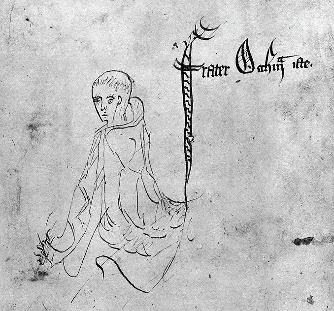 Średniowieczny szkic Wilhelma Ockhama z podpisem „Frater Occham iste" w rękopisie jego „Summa logicae" (1341) · źródło: autor nieznany, Wikimedia Commons, domena publiczna