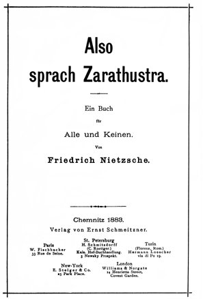 Karta tytułowa pierwszego wydania „Tako rzecze Zaratustra” Nietzschego z 1883 r., gdzie pojawia się Übermensch · źródło: Friedrich Nietzsche, Wikimedia Commons, domena publiczna