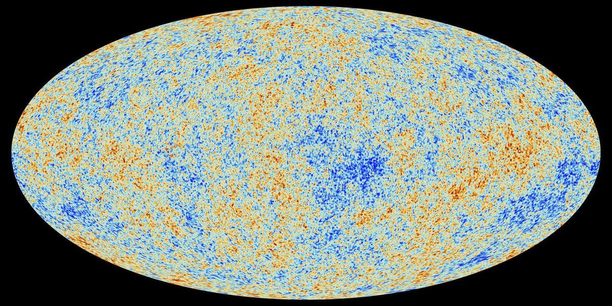 Mapa mikrofalowego promieniowania tła (CMB) zarejestrowana przez sondę Planck — „echo" Wielkiego Wybuchu z czasu, gdy Wszechświat miał ok. 370 tys. lat. · źródło: ESA / Planck Collaboration, Wikimedia Commons, CC BY 4.0