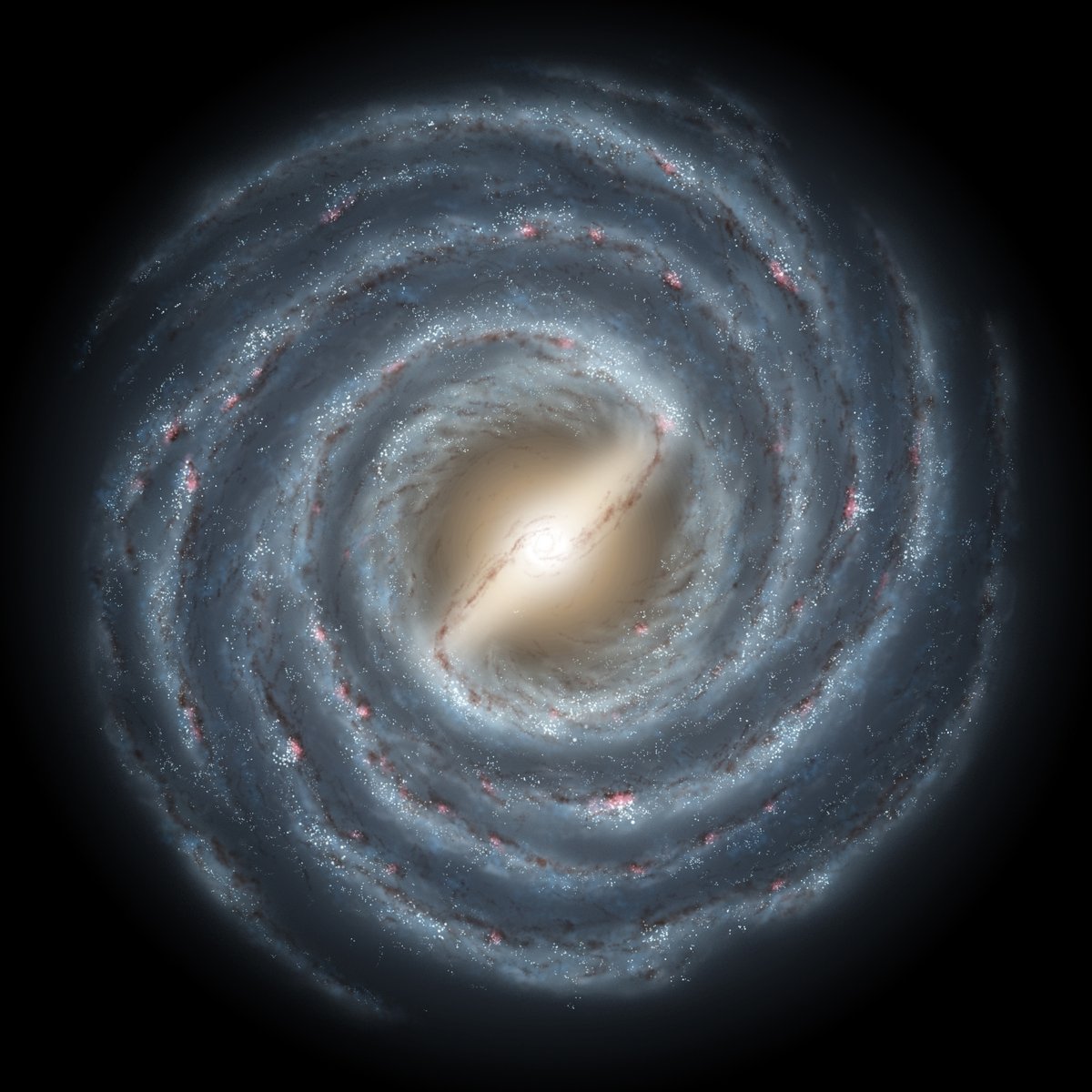 Wizja artystyczna Drogi Mlecznej — galaktyki spiralnej z poprzeczką, w której jednym z ramion leży Słońce. · źródło: R. Hurt (SSC) / JPL-Caltech / NASA, Wikimedia Commons, domena publiczna
