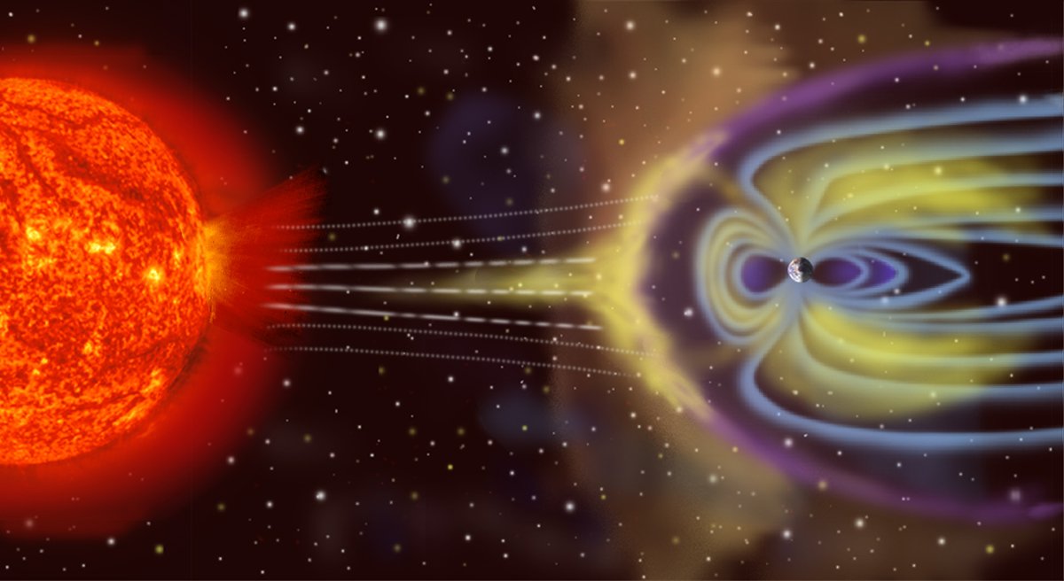 Magnetosfera Ziemi (wizja artystyczna): pole magnetyczne planety odchyla strumień naładowanych cząstek wiatru słonecznego, tworząc ochronną „bańkę" wokół Ziemi. · źródło: NASA, Wikimedia Commons, domena publiczna