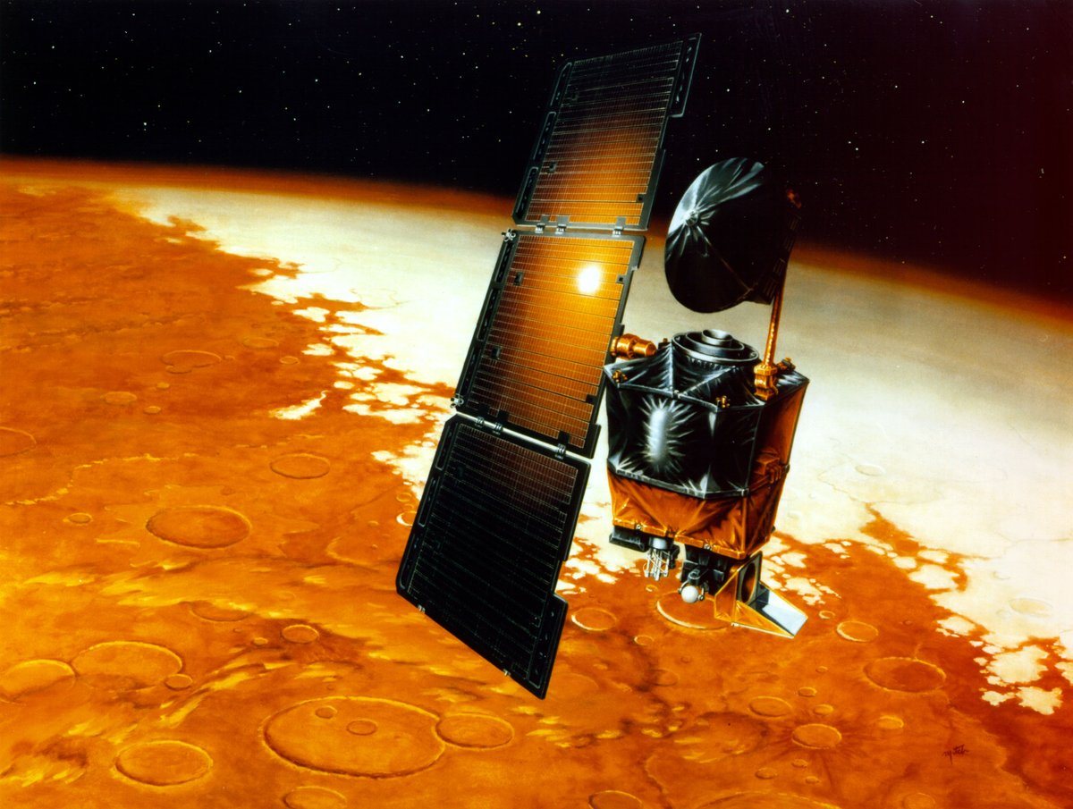 Wizja artystyczna sondy Mars Climate Orbiter, utraconej w 1999 r. Sonda spłonęła w atmosferze Marsa, bo jeden zespół liczył w jednostkach anglosaskich, a drugi w metrycznych — to pokazuje, że jednostka nie jest formalnością. · źródło: NASA/JPL, Wikimedia Commons, domena publiczna