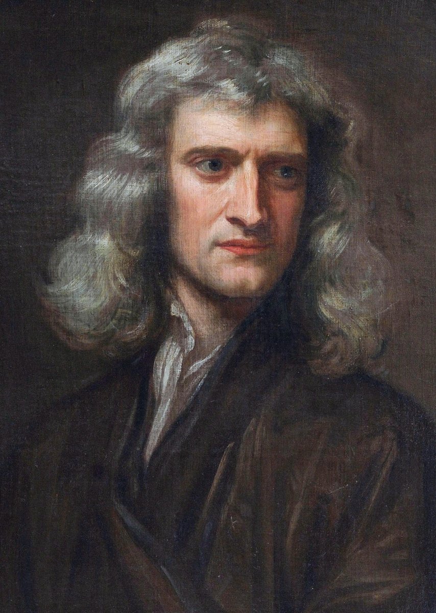 Isaac Newton (portret Godfreya Knellera, 1689) — sformułował zasady dynamiki i prawo powszechnego ciążenia, łącząc spadek jabłka z ruchem Księżyca. · źródło: Godfrey Kneller, Wikimedia Commons, domena publiczna