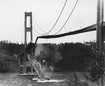Most Tacoma Narrows skręcający się tuż przed zawaleniem (1940). Uwaga: to nie były drgania rezonansowe, tylko samowzbudne (flatter) — ruch mostu sam czerpał energię z wiatru. · źródło: rząd federalny USA, Wikimedia Commons, domena publiczna