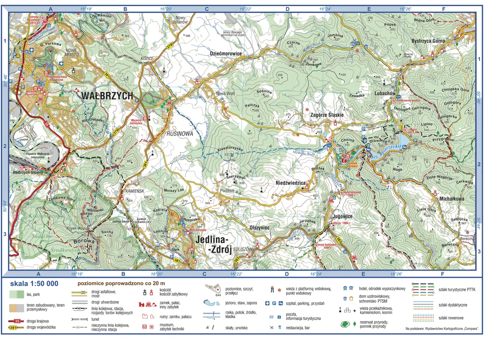 Wspólna dla zadań 1–8 arkusza maj 2024 (mapa szczegółowa Sudetów w okolicach Wałbrzycha, skala 1:50 000) · Mapa szczegółowa dołączona do arkusza CKE (geografia R maj 2024); „Na podstawie: Wydawnictwo Kartograficzne «Compass»" · CKE · dozwolony użytek (art. 27 pr. aut.)