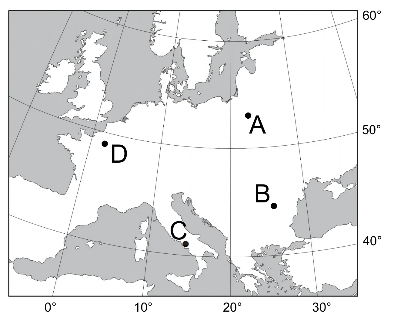 Zadanie 10/2024 (mapa fragmentu Europy: stacje A–D) · Mapa w arkuszu CKE (geografia R maj 2024) · CKE · dozwolony użytek (art. 27 pr. aut.)