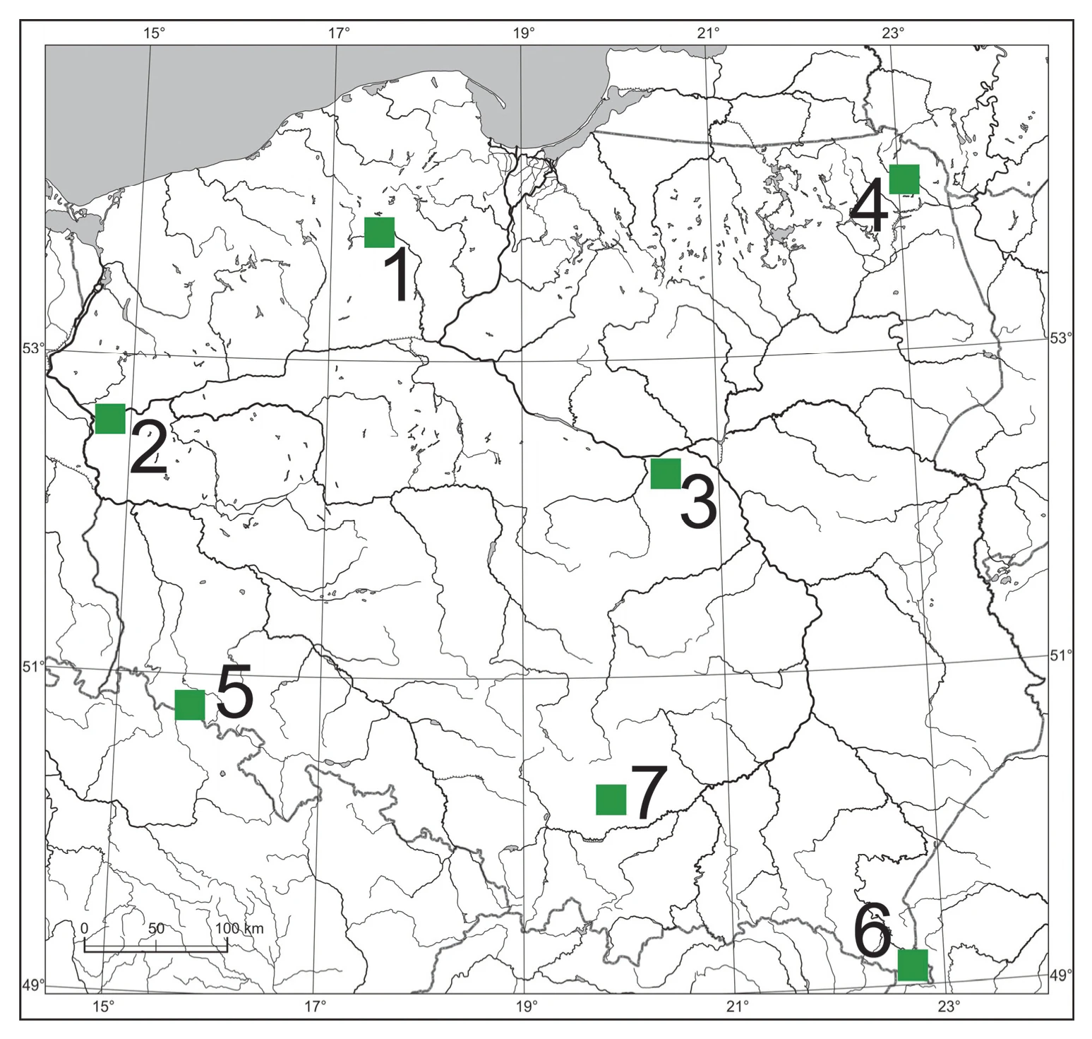 Zadanie 14.1/2024 (mapa Polski: parki narodowe 1–7) · Mapa w arkuszu CKE (geografia R maj 2024) · CKE · dozwolony użytek (art. 27 pr. aut.)