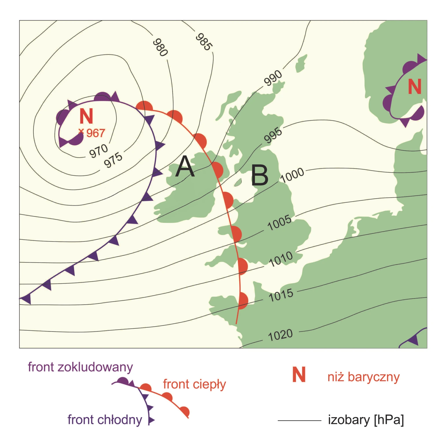 Zadanie 16/2024 (mapa synoptyczna: fronty i układy baryczne, obszary A i B) · Mapa w arkuszu CKE (geografia R maj 2024) · CKE · dozwolony użytek (art. 27 pr. aut.)