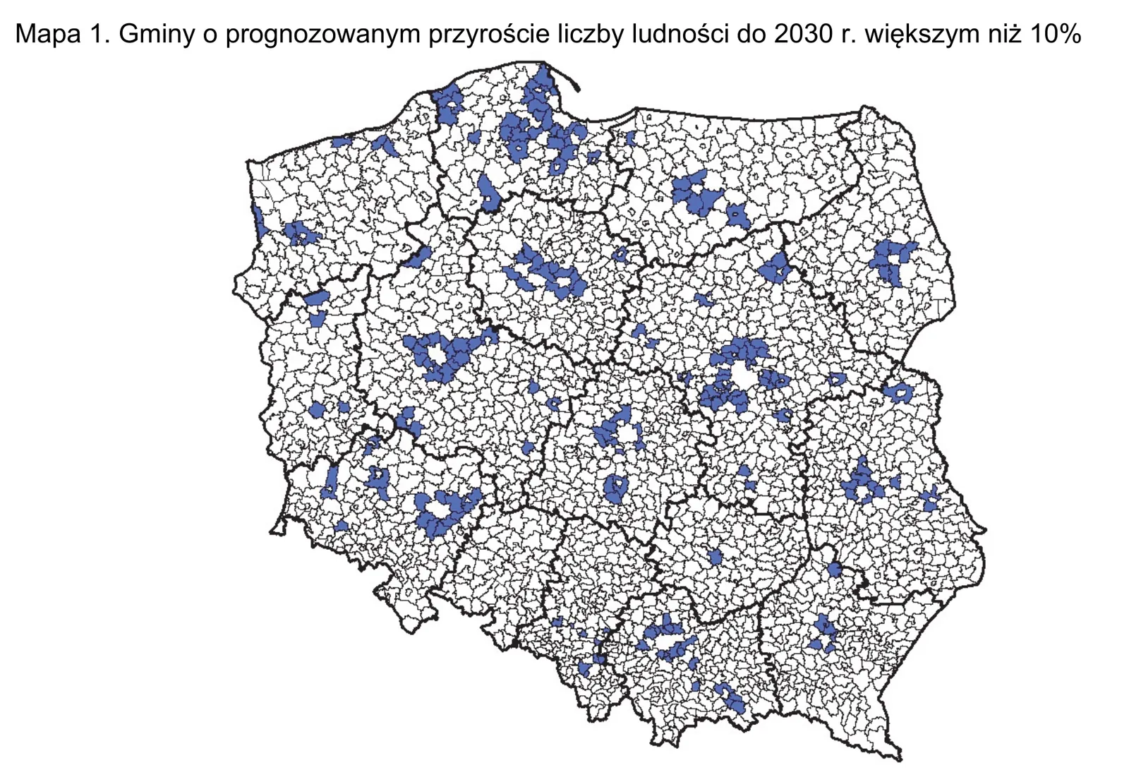 Zadanie 19/2024 (Mapa 1: gminy o prognozowanym przyroście ludności do 2030 r.) · „Na podstawie: M. Potyra, Prognoza ludności gmin na lata 2017–2030, www.stat.gov.pl" · CKE · dozwolony użytek (art. 27 pr. aut.)