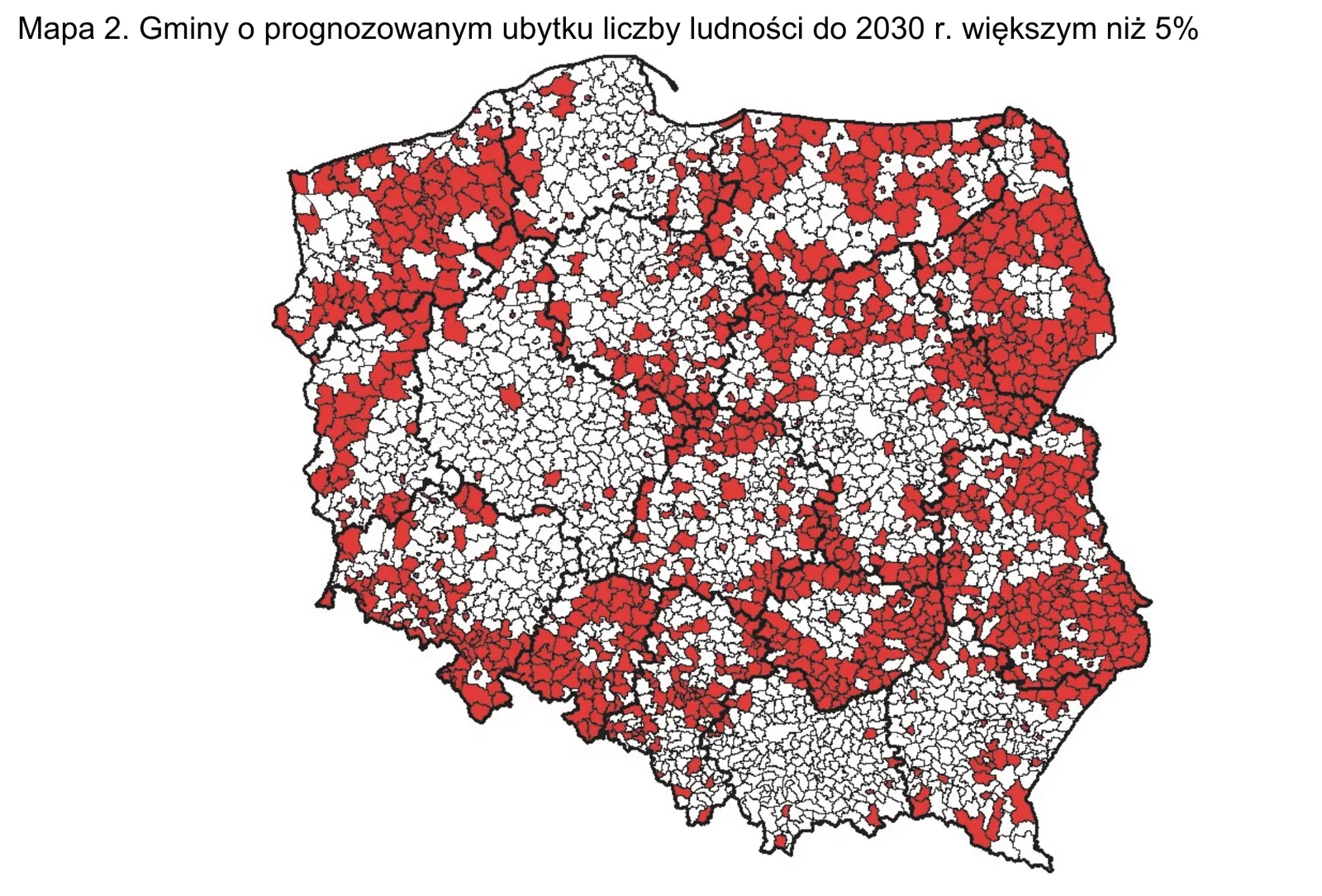 Zadanie 19/2024 (Mapa 2: gminy o prognozowanym ubytku ludności do 2030 r.) · „Na podstawie: M. Potyra, Prognoza ludności gmin na lata 2017–2030, www.stat.gov.pl" · CKE · dozwolony użytek (art. 27 pr. aut.)