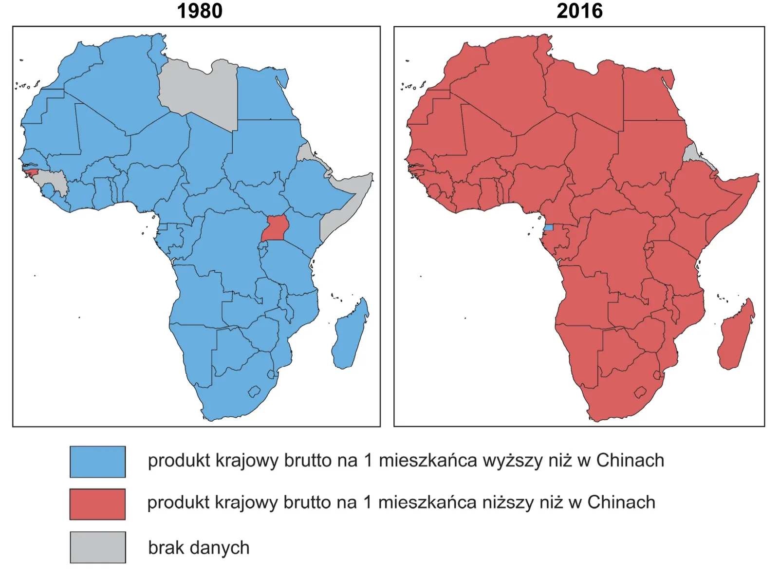 Zadanie 21/2024 (PKB na 1 mieszkańca państw Afryki względem Chin, 1980 i 2016) · „Na podstawie: www.worldbank.org" · CKE · dozwolony użytek (art. 27 pr. aut.)