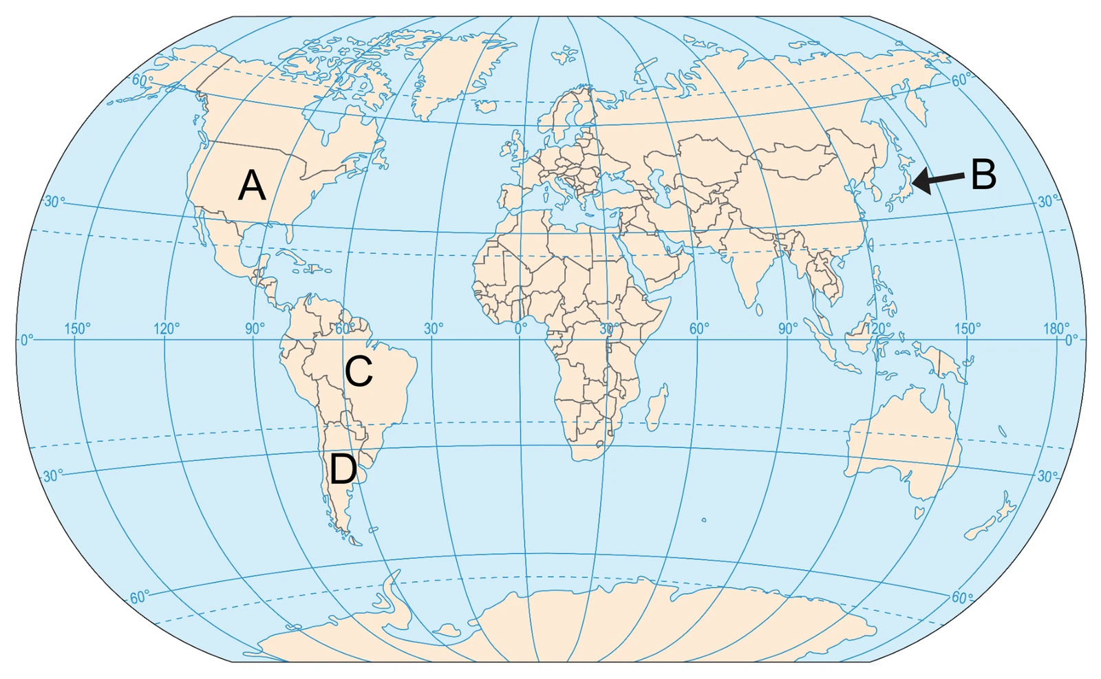 Zadanie 23/2024 (mapa świata: państwa A–D) · Mapa w arkuszu CKE (geografia R maj 2024) · CKE · dozwolony użytek (art. 27 pr. aut.)