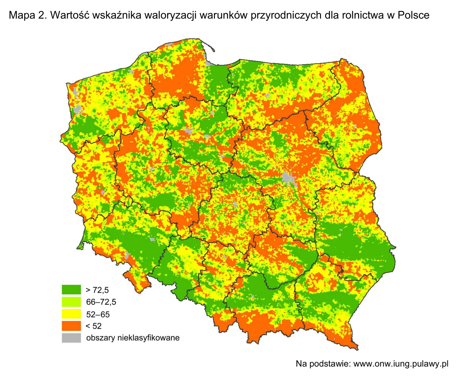 Zadanie 25/2024 (Mapa 2: wskaźnik waloryzacji warunków przyrodniczych dla rolnictwa) · „Na podstawie: www.onw.iung.pulawy.pl" · CKE · dozwolony użytek (art. 27 pr. aut.)