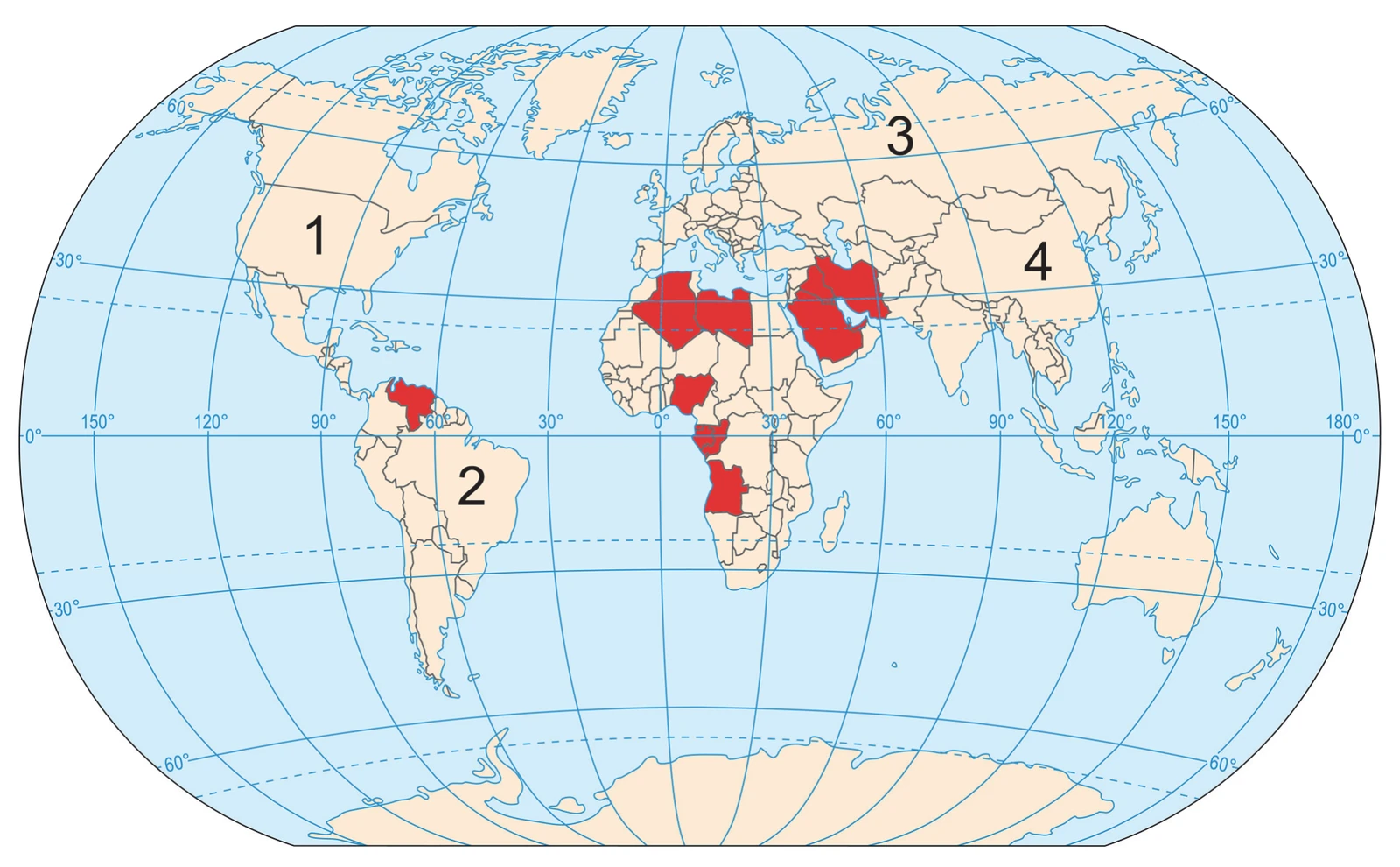 Zadanie 31/2024 (mapa świata: państwa OPEC i państwa 1–4) · „Na podstawie: pl.wikipedia.org" · CKE · dozwolony użytek (art. 27 pr. aut.)