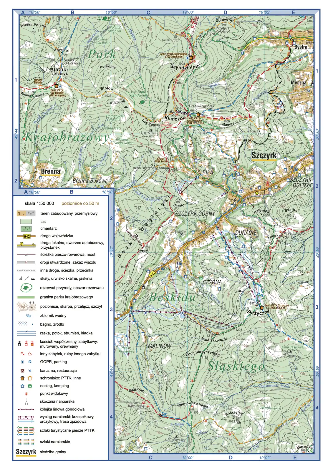 Wspólna dla zadań 1–7 arkusza maj 2026 (mapa szczegółowa Beskidu Śląskiego, skala 1:50 000) · Mapa szczegółowa dołączona do arkusza CKE (geografia R maj 2026) · CKE · dozwolony użytek (art. 27 pr. aut.)