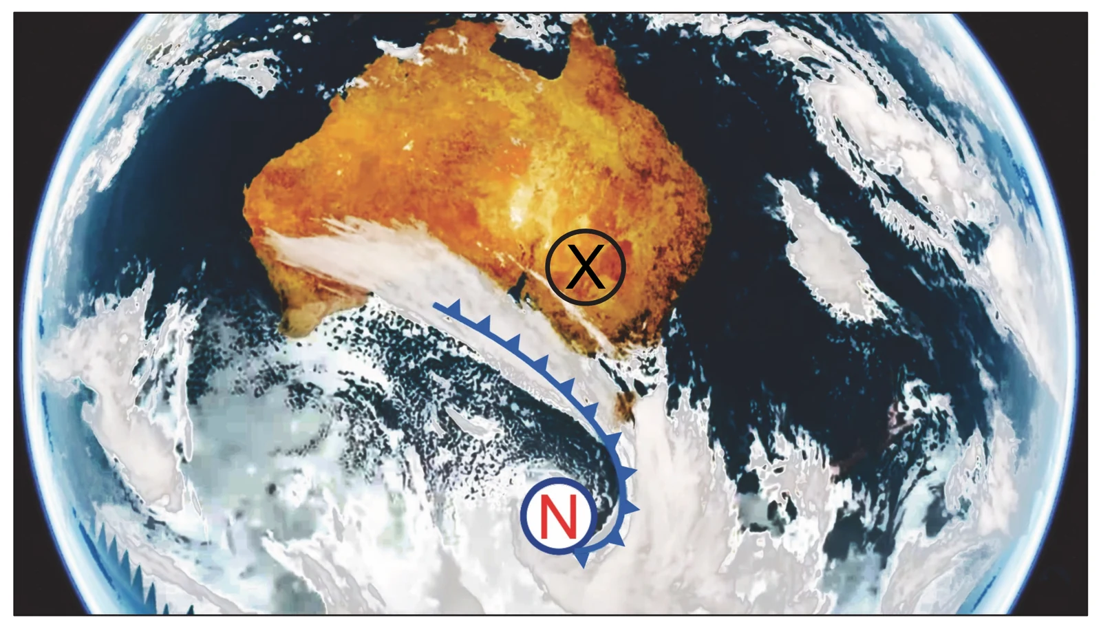 Zadanie 15/2026 (zdjęcie satelitarne: front atmosferyczny nad Australią) · „Na podstawie: www.media.bom.gov.au" · CKE · dozwolony użytek (art. 27 pr. aut.)