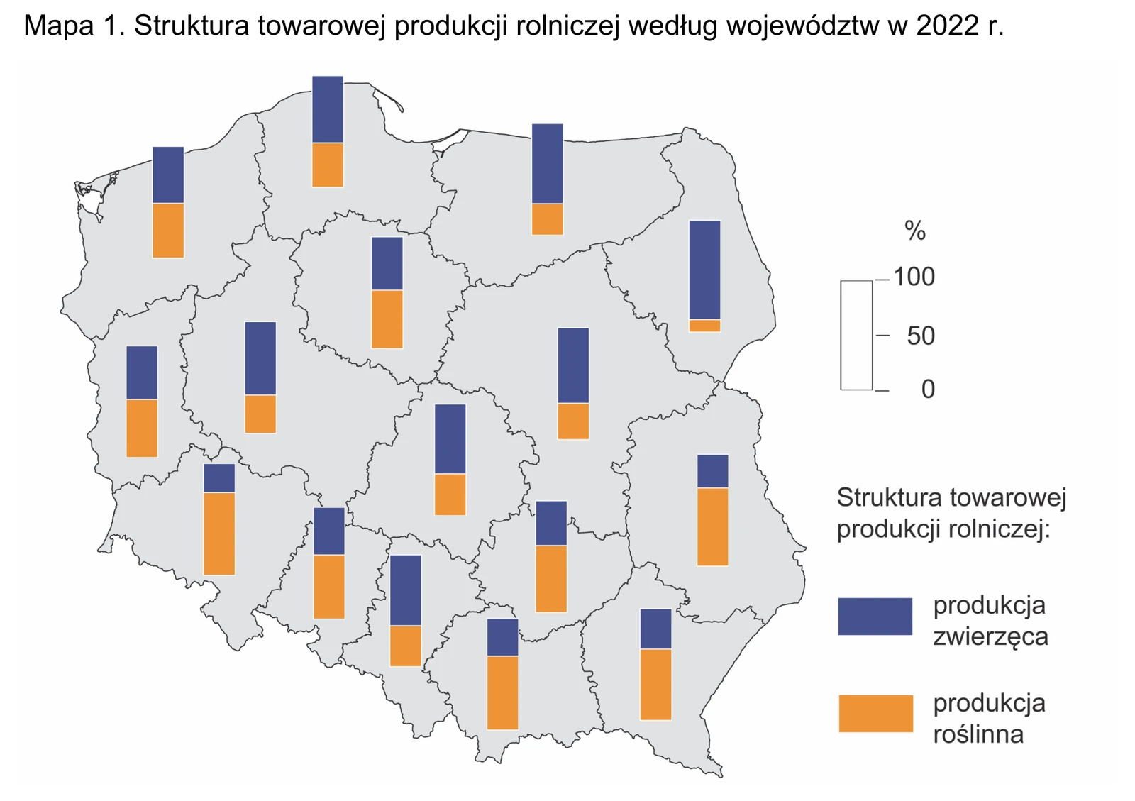 Zadanie 23/2026 (Mapa 1: struktura towarowej produkcji rolniczej) · „Na podstawie: Rocznik Statystyczny Rolnictwa 2024, www.stat.gov.pl" · CKE · dozwolony użytek (art. 27 pr. aut.)