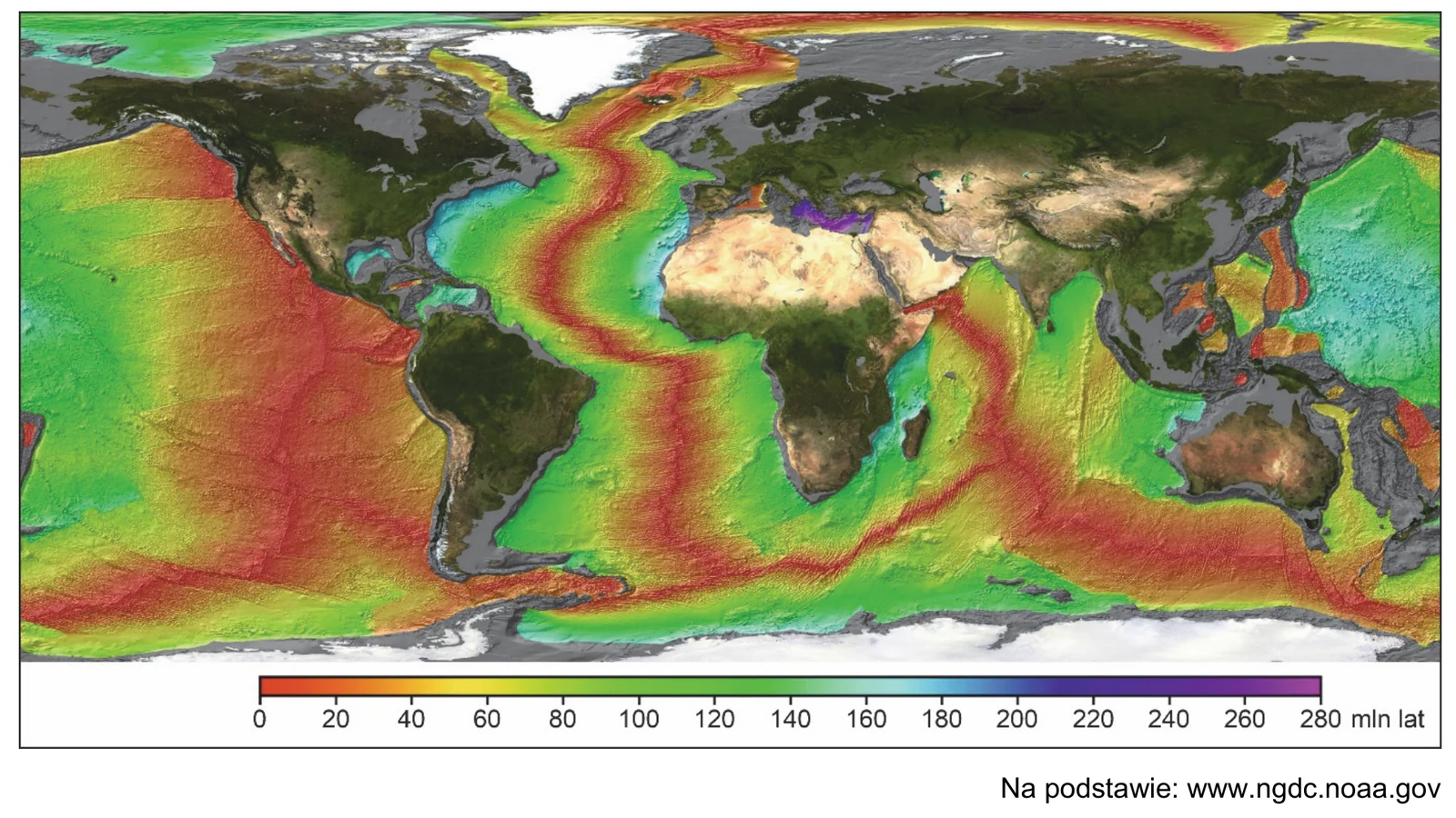 Zadanie 9/2026 (wiek skał bazaltowych dna oceanów) · „Na podstawie: www.ngdc.noaa.gov" · CKE · dozwolony użytek (art. 27 pr. aut.)