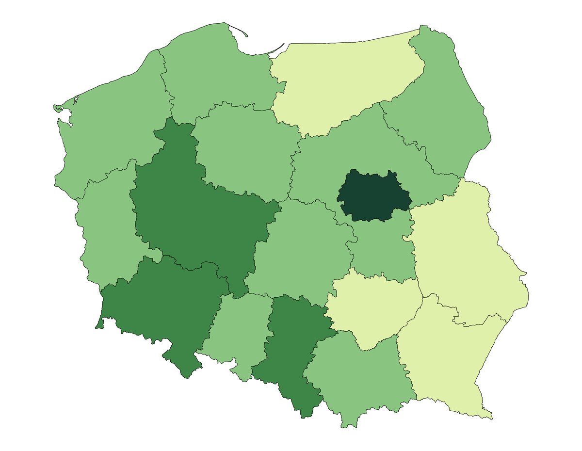 PKB na mieszkańca w regionach Polski (NUTS-2, 2023): wyraźna polaryzacja — region warszawski i wielkie miasta przodują, a ściana wschodnia pozostaje w tyle. · źródło: Fiszu2001, Wikimedia Commons, CC0
