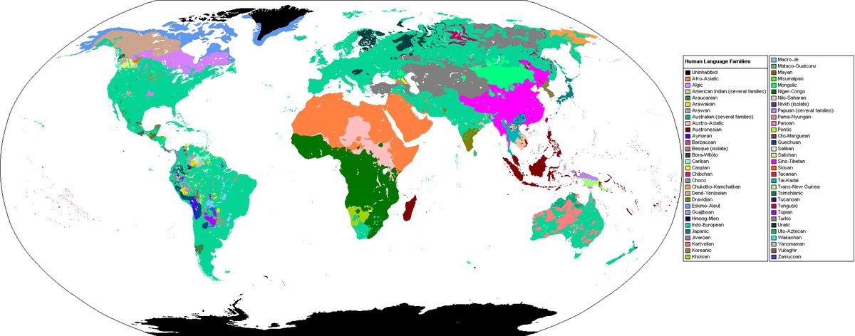 Rodziny językowe świata: ludzkość mówi około 7000 językami zgrupowanymi w rodziny — największa, indoeuropejska, obejmuje m.in. polski, angielski, hindi i rosyjski. · źródło: PiMaster3, Wikimedia Commons, CC BY-SA 3.0
